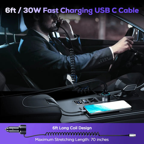 Beast Mode Usb C Car Charger 75W Heavy Duty Slick Metal Housing Charges Three Devices Rapidly With Pd And QC30 Power And A Dope Six Foot Coiled Cord.