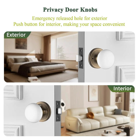 Porcelain White Door Knobs With Privacy Lock For Interior Doors, Antique Brass Ceramic Door Handles, shown in bedroom and living room.