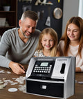 Family using Kid Friendly ATM Piggy Bank With Electronic Coin Counter Card And Password Mini ATM Machine For Kids Educational Savings Toy With Goal Tracker Perfect Birthday Gift For Boys And Girls