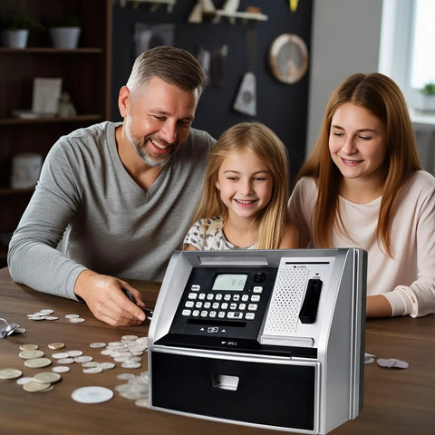 Family using Kid Friendly ATM Piggy Bank With Electronic Coin Counter Card And Password Mini ATM Machine For Kids Educational Savings Toy With Goal Tracker Perfect Birthday Gift For Boys And Girls