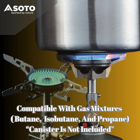 WindMaster Backpacking Stove With 4Flex Regulator for Windy Conditions in use with metal pot, flame visible, canister not included