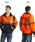 Front and back view of High Visibility Reflective Work Jacket For Men, Waterproof ANSI Class 3 Hi Viz Orange Coat With Pockets