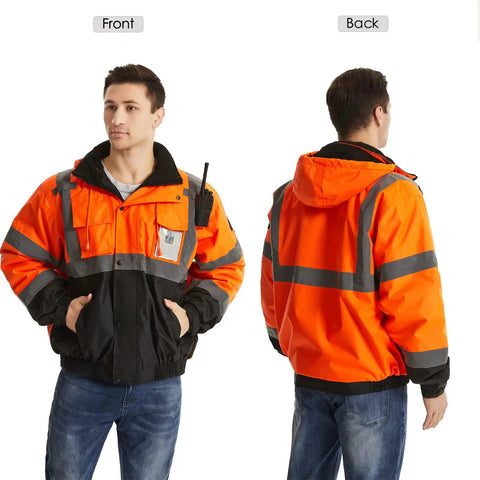 Front and back view of High Visibility Reflective Work Jacket For Men, Waterproof ANSI Class 3 Hi Viz Orange Coat With Pockets