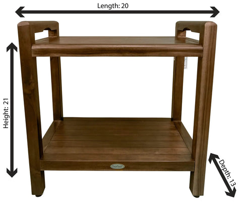 24 Inch Teak Shower Bench With LiftAide Arms, Waterproof Brown Teak Wood Stool Seat For Inside Shower, Safety Rails