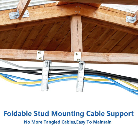 Heavy Duty Wall Mount Cable Support Clamps 100 Pack Galvanized Steel Electrical Brackets With Locking Tab For Dead Simple Wire Management And Built Tough MC AC BX Stud Organization holding various cables on wooden framing.