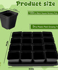 100 Black Square Seedling Pots, 2.6 Inch With Drain Holes, Plus 5 Plastic Seed Starter Trays Propagation Starter Kit shown