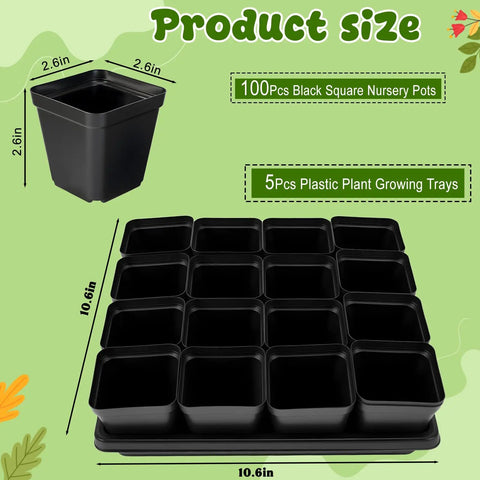 100 Black Square Seedling Pots, 2.6 Inch With Drain Holes, Plus 5 Plastic Seed Starter Trays Propagation Starter Kit shown