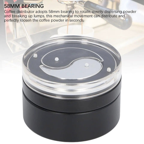 Top Shelf 58mm Bearing Rotation Coffee Distributor And Stainless Steel Tai Chi Needle Tool, black and clear design for home barista use.