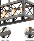 Slick Modern Rectangle Chandelier For Kitchen Island Lighting, showcasing wood and metal design with four E26 sockets, bulbs not included.