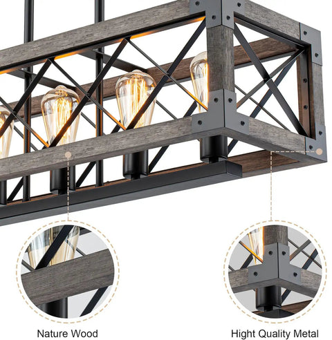 Slick Modern Rectangle Chandelier For Kitchen Island Lighting, showcasing wood and metal design with four E26 sockets, bulbs not included.