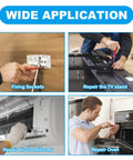 Collage showing diverse applications of machine screws: fixing sockets, repairing TV stand, air conditioner, and oven.