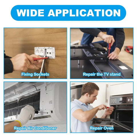Collage showing diverse applications of machine screws: fixing sockets, repairing TV stand, air conditioner, and oven.