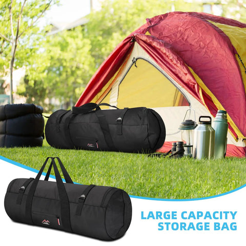 Oversized Travel Duffel With Upgraded Zipper, Waterproof And Tough 125L Capacity For Camping And Outdoor Gear, shown by tent