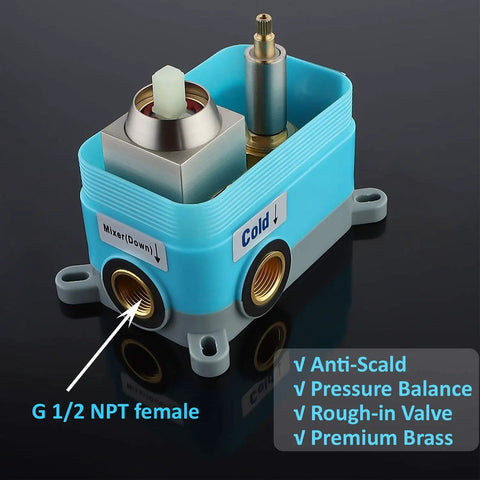 Close-up of pressure balance valve for Shower Faucet Set With 12 Inch Square Head. NPT female connection labeled Anti-Scald.