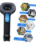 Wireless Handheld Barcode Scanner 1D 2D QR Reader With 2000mAh Battery with images of use cases in supermarkets and warehouses
