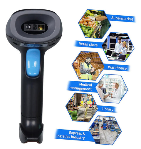 Wireless Handheld Barcode Scanner 1D 2D QR Reader With 2000mAh Battery with images of use cases in supermarkets and warehouses