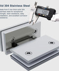 Heavy Lifting Shower Door Hinge With A Zero Friction 180 Degree Sweep Designed From Bulletproof 304 Steel and shown with calipers for size.