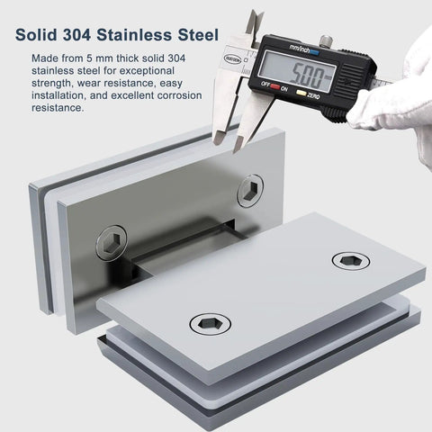 Heavy Lifting Shower Door Hinge With A Zero Friction 180 Degree Sweep Designed From Bulletproof 304 Steel and shown with calipers for size.