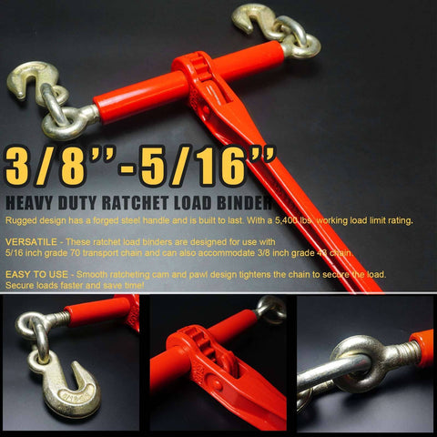 Two Pack 5/16 To 3/8 Inch Ratchet Load Binders And 5/16 Inch G70 Transport Chains With Grappling Hooks, 10 Foot Heavy Duty Tie Down Set For Hauling Heavy Loads On Trucks And Flatbeds, 4,700 Lbs Working Load Limit displayed on black background