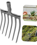 High-Performance Steel Soil Loosening Fork With Four-Tooth Design for deep aeration and easy mount handle, shown in garden use.