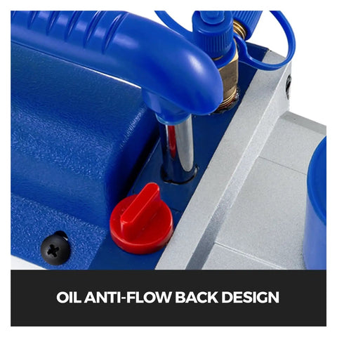 Close-up of Pro Grade 1/4 Hvac Vacuum Pump's oil anti-flow back design, showcasing blue and red components.