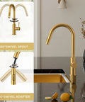 Gold kitchen faucet on marble counter with 360-degree swivel, lemons and vase nearby. Pull Down Kitchen Faucet With Sprayer In Matte Gun Black Finish Black Stainless Sink Faucet For Kitchen Or Bar 1 Or 3 Hole Mount Ideal For Kitchen Laundry Or RV Use.