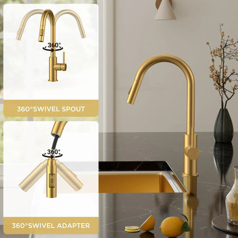 Gold kitchen faucet on marble counter with 360-degree swivel, lemons and vase nearby. Pull Down Kitchen Faucet With Sprayer In Matte Gun Black Finish Black Stainless Sink Faucet For Kitchen Or Bar 1 Or 3 Hole Mount Ideal For Kitchen Laundry Or RV Use.