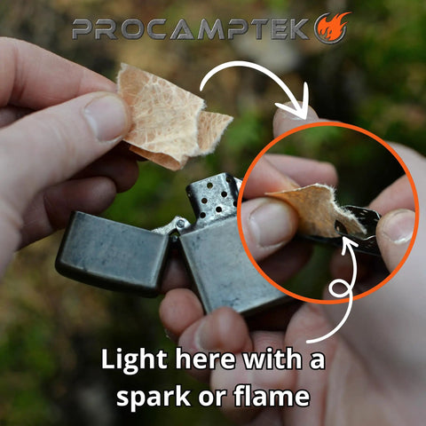 Fire Strip Roll 50-Foot Weatherproof Waxed Fire Starter Tinder Tape with lighter igniting outdoors