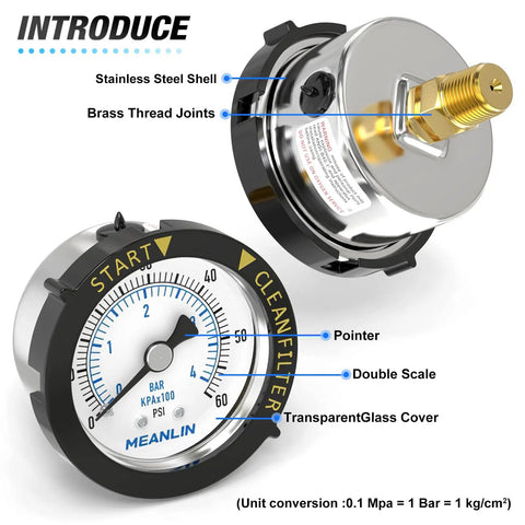 Stainless Steel Start And Clean Filter Pressure Gauge One Quarter Inch NPT Two Inch Dial Back Mount With Rotatable Plastic Frame