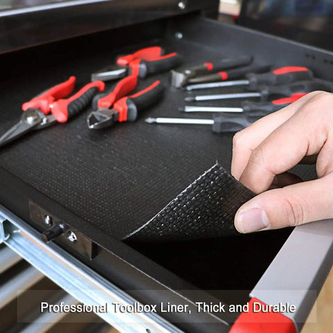 Non Slip Foam Rubber Toolbox Drawer Liner 18 Inch By 24 Feet Easy Cut Mat with Grid Lines and tools on mat surface