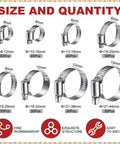 Three Hundred Piece Hose Clamp Set With Eight Sizes Ranging From Quarter Inch To One And Three Quarters Inch 304 Stainless Steel Worm Gear Clamps For Automotive Fuel Lines Intercooler Radiator, showing size and quantity details.