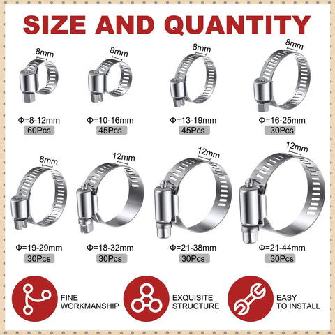 Three Hundred Piece Hose Clamp Set With Eight Sizes Ranging From Quarter Inch To One And Three Quarters Inch 304 Stainless Steel Worm Gear Clamps For Automotive Fuel Lines Intercooler Radiator, showing size and quantity details.