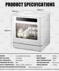 Heavy Duty Countertop Dishwasher Boasting 360 Degree Spin Spray with specifications and dimensions displayed.