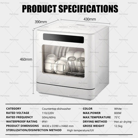 Heavy Duty Countertop Dishwasher Boasting 360 Degree Spin Spray with specifications and dimensions displayed.