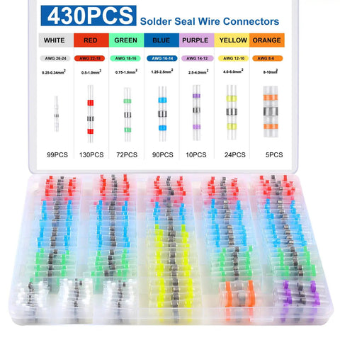 Solder Seal Wire Connectors Set 430 Pieces Heat Shrink Butt Connectors Waterproof Anticorrosion No Fuss For Motorcycle Automotive Marine Easy Heat Gun Solder Sleeve Crimpless Quick Sealing in assorted colors
