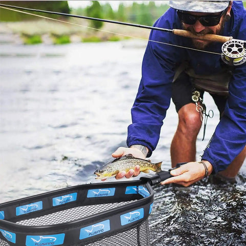 Floating Landing Net For Kayak Fishing With Rubber Coated Hoop And Foldable Telescopic Handle Ideal For Steelhead Salmon Trout Bass Catfish And Fly Fishing Lightweight Easy Grip Net For River Angling And Men Gift in use by fisherman catching trout in river