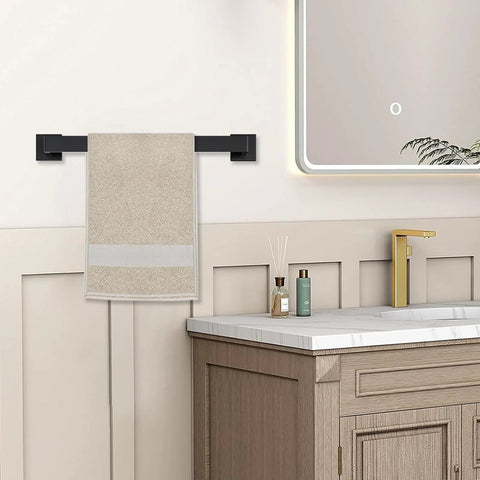5 Piece Matte Black Bathroom Hardware Set Featuring 15.7 Inch Towel Bar, towel hanging, SUS304 stainless steel above vanity