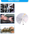Feeler gauge set with 32 stainless steel blades, dual metric and SAE markings, fanned blade array