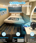 2-Pack Magnetic Cruise Fan With 12000mAh Rechargeable Battery, LED Light, Timer, shown on a ship cabin desk