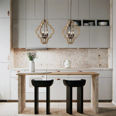 Barn Vibe Farmhouse Wood Chandelier With Four Lights Rustic Pendant Light Fixture In Weathered White Finish And Bronze Accents
