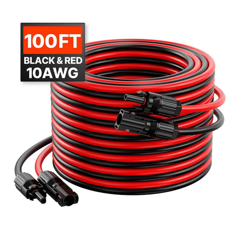 10 AWG Solar Panel Extension Cable 6mm² PV Wire With Waterproof MC4 Connectors, 100 Ft Black and Red Two Pack