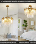 Next Level Two Layer Gold Crystal Glass Chandelier And Four Light Round Pendant Fixtures With Brushed Brass Finish and Adjustable Height.