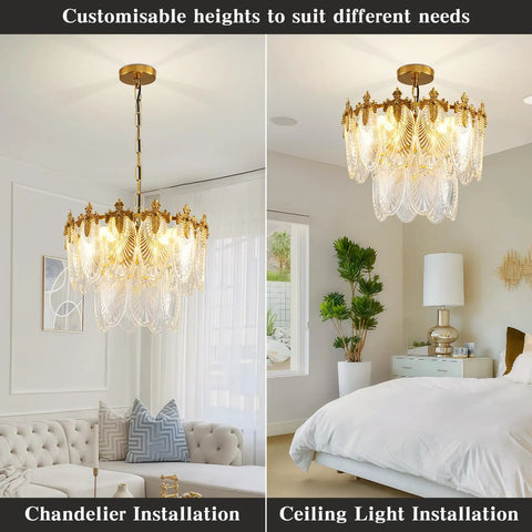 Next Level Two Layer Gold Crystal Glass Chandelier And Four Light Round Pendant Fixtures With Brushed Brass Finish and Adjustable Height.