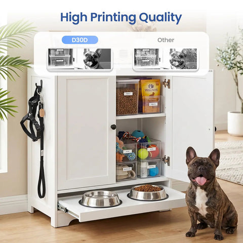 Slick Mini Bluetooth Label Maker With Five Colorful Tapes And Smart LED Display For Quick Organizing, shown beside labeled pet food storage.