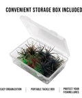 Open tackle box with bass fishing soft plastic lures with fuzzy dice and sea urchin style finesse bait for freshwater anglers.