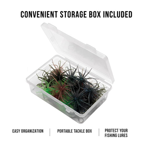 Open tackle box with bass fishing soft plastic lures with fuzzy dice and sea urchin style finesse bait for freshwater anglers.