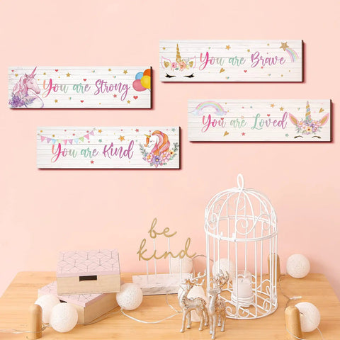 Unicorn Wall Decor Set For Girls Room Rainbow Wall Art Four Piece Bundle Motivational Inspirational Bedroom Decorations For Kids Nursery Gift Cute Style, unicorn art on wood with positive messages over a table.