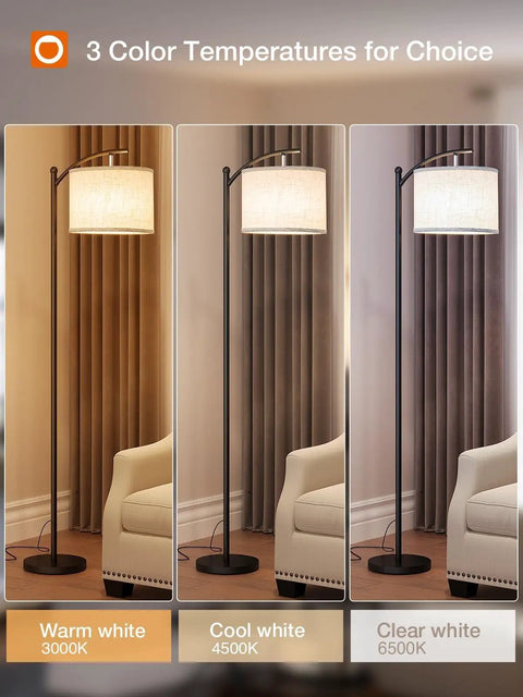 Floor Lamp With 3 Color Temperatures 3000K 4500K 6500K, Linen Lampshade, 9W LED Bulb Included, Black Base Beige Shade, Standing Lamp