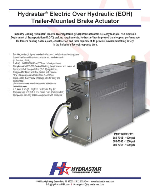 Side view of a silver aluminum Hydrastar Marine-Grade EOH trailer brake actuator with a wired harness.