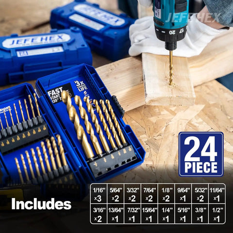 24 Piece Hex Shank Drill Bit Set For Impact Driver Titanium Coated HSS Bits With Storage Case Drilling into Wood
